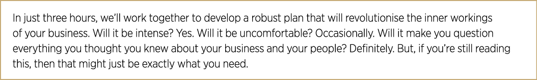 In just three hours, we ll work together to develop a robust plan that will revolutionise the inner workings of your    