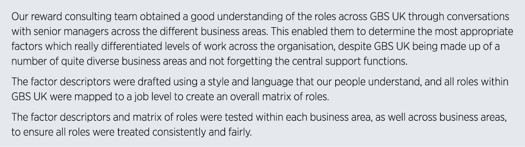 Our reward consulting team obtained a good understanding of the roles across GBS UK through conversations with senior   